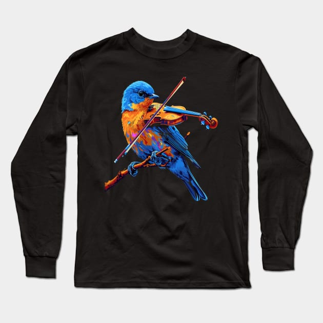 Eastern Bluebird Playing Violin Long Sleeve T-Shirt by JH Mart